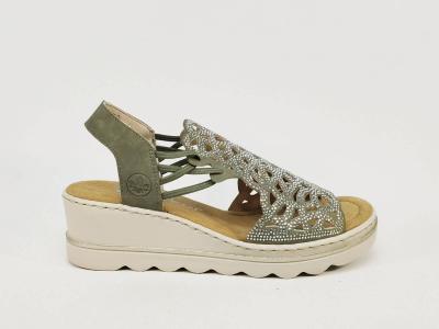 Sandale femme compensée chic grand confort vert et strass RIEKER 67465 à élastiques