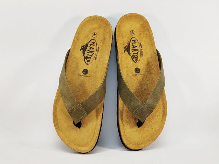 Tong homme cuir vert souple semelle confortable à mémoire de forme PLAKTON brandy pistacho