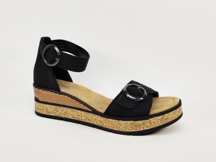 Sandale compensée noire femme chic et confortable double scratch RIEKER 63780 semelle antistress