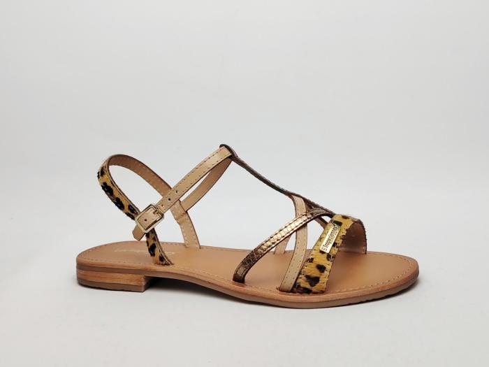 Sandale plate femme destockage TROPEZIENNES hirogumpo cuir camel leopard chic à pas cher