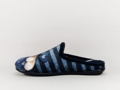 Chausson mule femme motif chat velours bleu marine CHIC & RELAX rafari