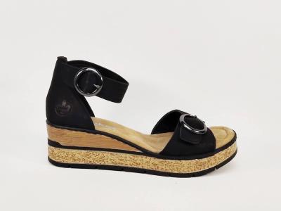 Sandale compensée noire femme chic et confortable double scratch RIEKER 63780 semelle antistress