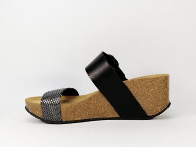Mule compensée femme en cuir noir semelle bio PLAKTON so rock