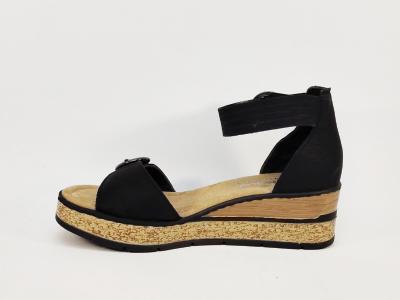 Sandale compensée noire femme chic et confortable double scratch RIEKER 63780 semelle antistress
