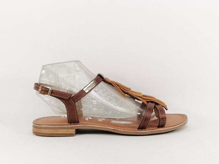 Sandale plate femme avec frange cuir camel en destockage TROPEZIENNES belie