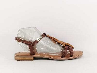 Sandale plate femme avec frange cuir camel en destockage TROPEZIENNES belie