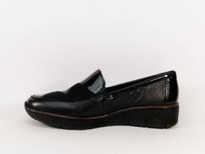 Mocassin femme compensé confortable RIEKER 53785 cuir noir verni