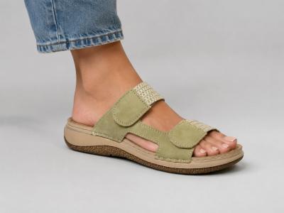 Mules femme confortable vertes semelle cuir à scratch MORAN'S dupaly