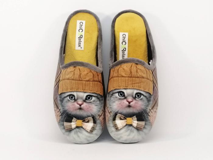 Chausson mule motif chat femme velours jaune gris CHIC & RELAX rebus