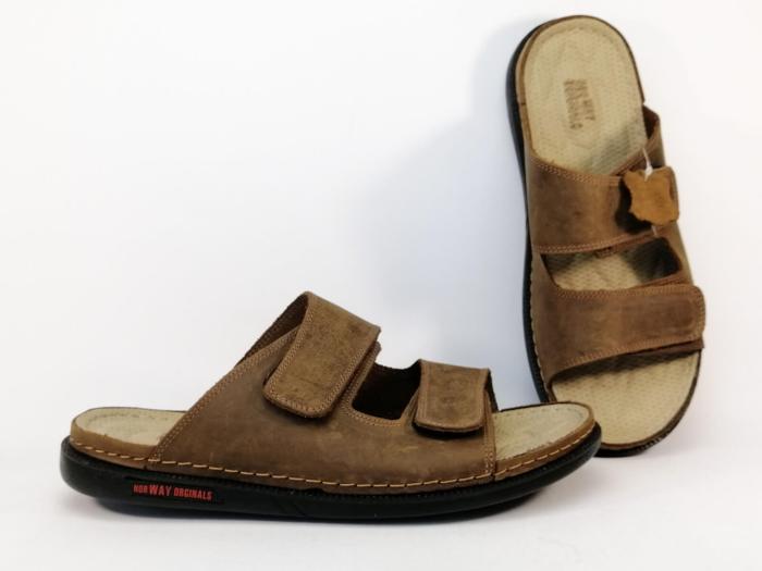 Mule homme confort cuir marron à scratch destockage NORWAY B880620 à pas cher
