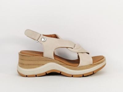 Sandale compensée femme grand confort tout cuir beige PAULA URBAN 27-574 Fabrication Espagne