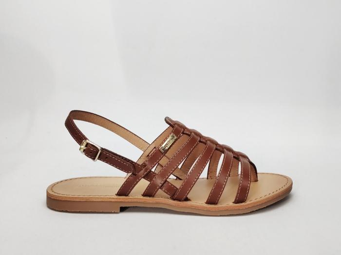 Sandale plate femme cuir camel en destockage TROPEZIENNES hika à pas cher avec entre-doigt