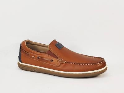 Chaussure bateau homme cuir souple camel pieds larges grand confort ORLAND 24053