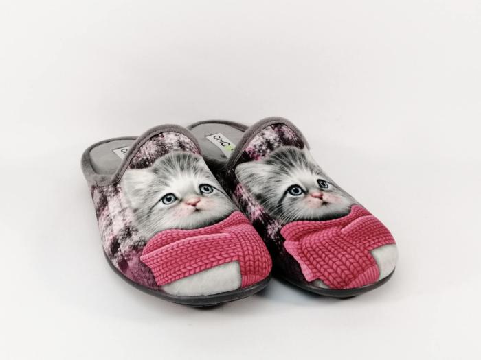 Chausson mule femme motif chat velours gris CHIC & RELAX Terama