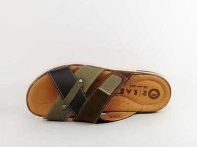 Mule homme cuir kaki marron grand confort à velcro ORLAND 25007