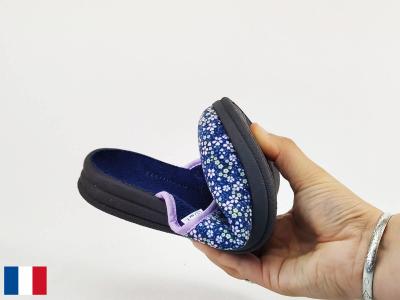 Chausson femme été pieds sensibles coton marine toile fleuris BOSSI loriane fabrication France