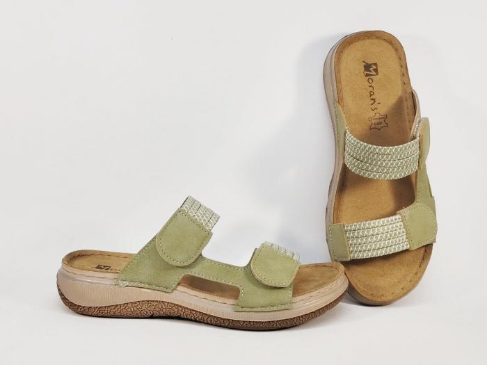 Mules femme confortable vertes semelle cuir à scratch MORAN'S dupaly
