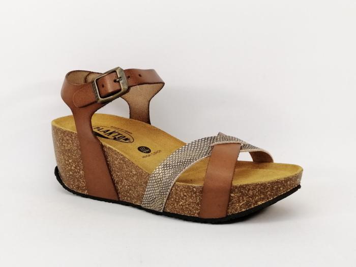 Sandale femme compensée tout cuir camel PLAKTON So Final confortable
