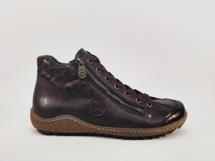 Chaussure montante femme RIEKER L7514 confort souple marron imperméable double zip et lacets