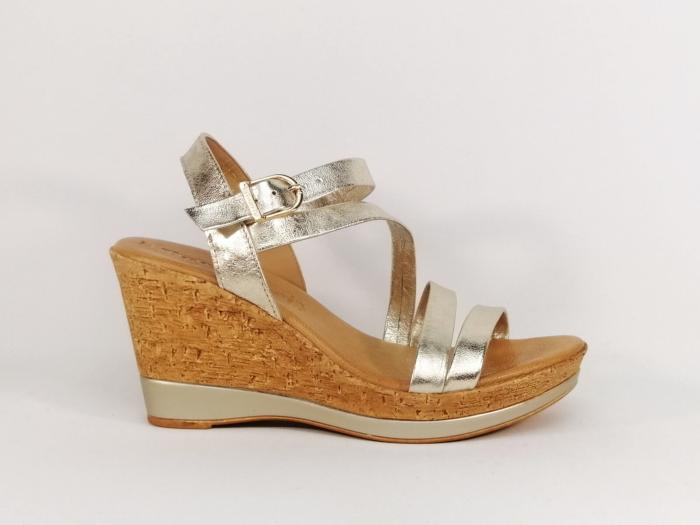 Sandale compensée dorée femme mariage chic cuir en destockage TAMARIS 28019