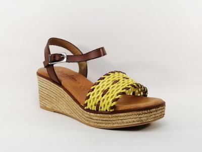 Sandale femme compensée tendance cuir jaune et camel JORDANA 3672