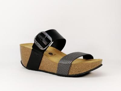 Mule compense femme en cuir noir semelle bio PLAKTON so rock