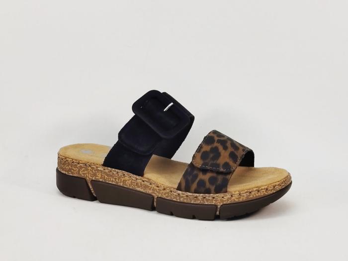 Mules femme RIEKER V2392 leopard grand confort compensée semelle anti stress à scratch