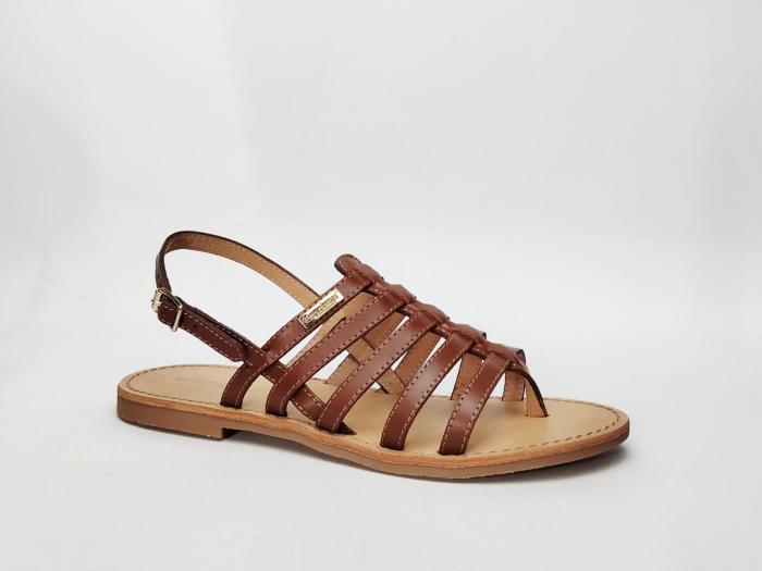 Sandale plate femme cuir camel en destockage TROPEZIENNES hika à pas cher avec entre-doigt