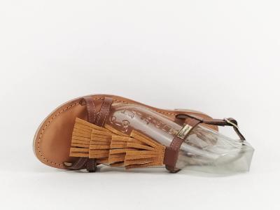 Sandale plate femme avec frange cuir camel en destockage TROPEZIENNES belie
