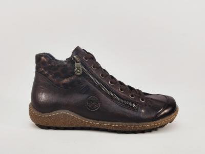 Chaussure montante femme RIEKER L7514 confort souple marron imperméable double zip et lacets