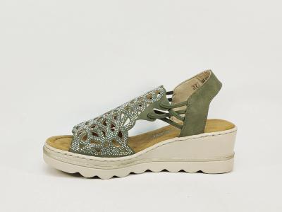 Sandale femme compensée chic grand confort vert et strass RIEKER 67465 à élastiques