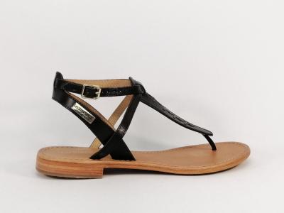 Sandale plate avec entre-doigt cuir noir destockage TROPEZIENNES harnox femme