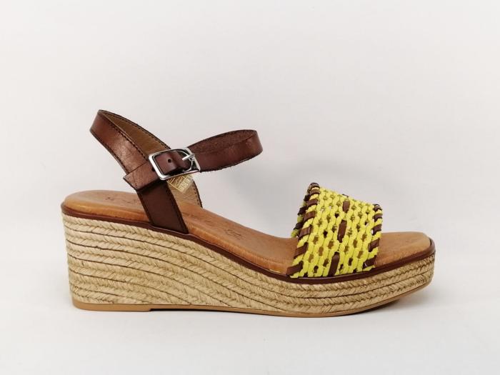 Sandale femme compensée tendance cuir jaune et camel JORDANA 3672