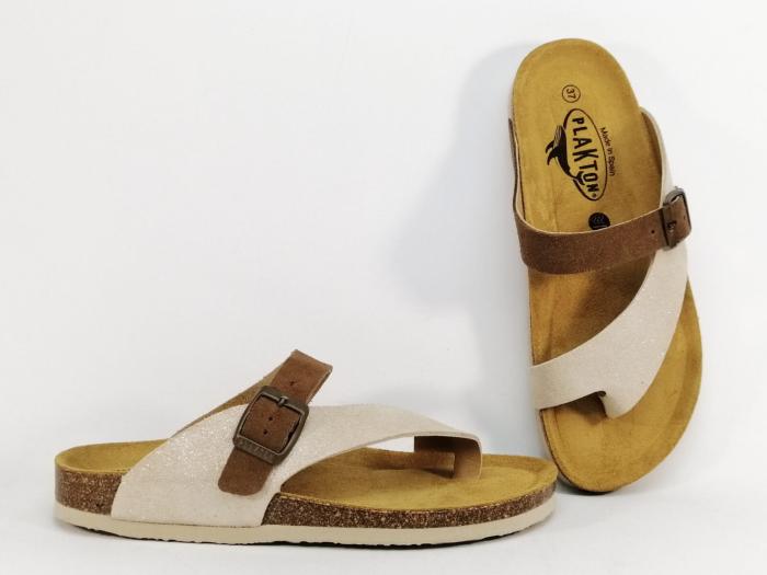 Tong femme chic et confortable cuir beige marron PLAKTON barbados fabrication Espagne