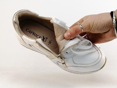 Basket femme pied large et sensible largeur H cuir blanc or CAPRICE 23300 chic confort