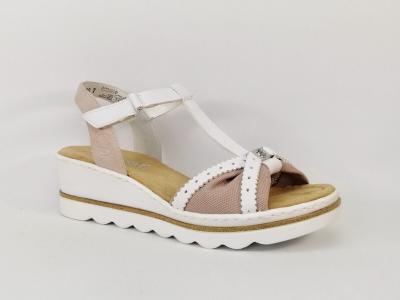 Sandale compense RIEKER 67499 femme chic et tendance rose et blanc