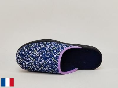 Chausson femme été pieds sensibles coton marine toile fleuris BOSSI loriane fabrication France