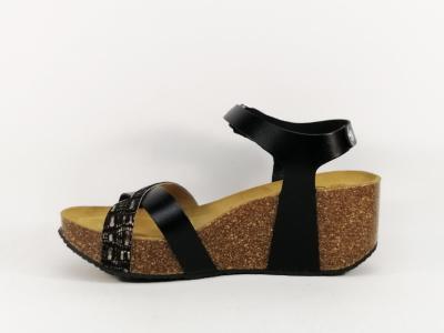 Sandale compensée femme cuir noir chic et confortable PLAKTON so final kimya