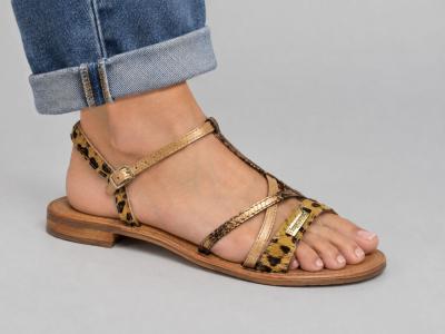 Sandale plate femme destockage TROPEZIENNES hirogumpo cuir camel leopard chic à pas cher