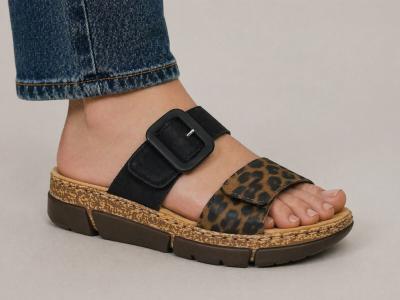Mules femme RIEKER V2392 leopard grand confort compensée semelle anti stress à scratch