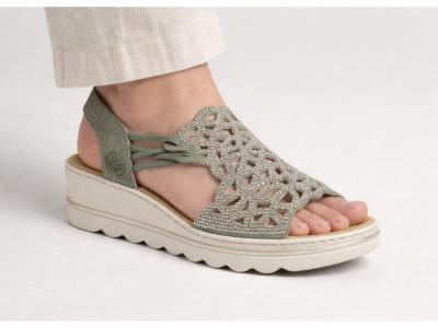Sandale femme compensée chic grand confort vert et strass RIEKER 67465 à élastiques