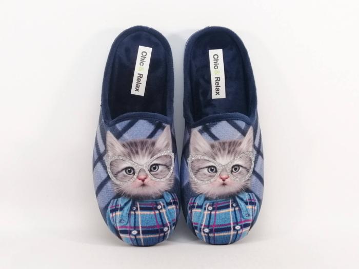 Chaussons femme motif chat originaux chauds et confortables velours bleu CHIC & RELAX ratus