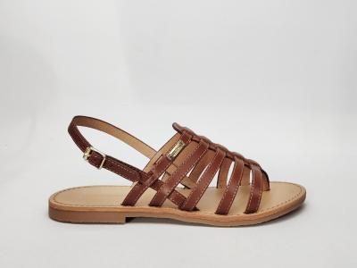 Sandale plate femme cuir camel en destockage TROPEZIENNES hika à pas cher avec entre-doigt