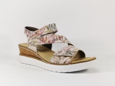 Sandale compense beige  fleurs pour femme RIEKER V3887