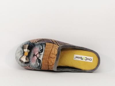 Chausson mule motif chat femme velours jaune gris CHIC & RELAX rebus