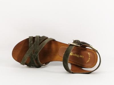 Sandale cuir talon bois destockage TROPEZIENNES toopaya kaki femme à pas cher