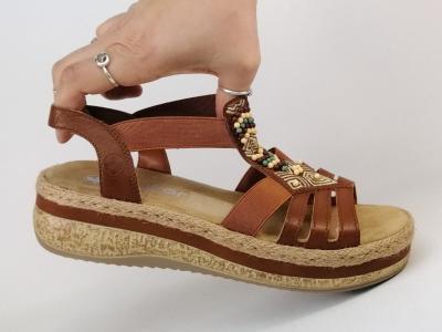 Sandale femme RIEKER V0921 grand confort camel semelle antistress à élastiques